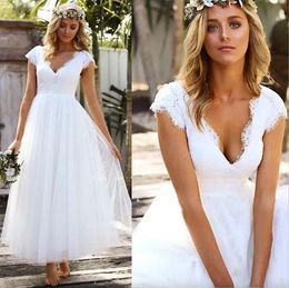 Vintage Ankle Length Short Wedding Dresses Lace Tulle Modest Cap Sleeve V Neck Bohemian Beach Garden Bridal Gowns