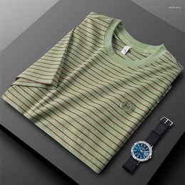 Men's T Shirts Premium Ice Silk Cotton Letter Embossed Round Neck Short Sleeve Summer Fashion Stripe Youth Casual T-shirt