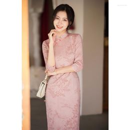Ethnic Clothing Pink Blue Seven-Quarter Sleeve Cheongsam 2023 Mid-Length Autumn Chinese Style Young Girl Improved Qipao Dress For Women