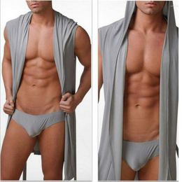 Men's Sleepwear Men Breathable Bathrobes Icy Silky Hooded Sleeveless Sexy Pajamas Short Bath Robe Fashion Homewear Casual Loose Loungewear