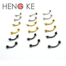 Labret Lip Piercing Jewelry STEEL SPIKES EYEBROW RING CURVE BAR PIERCING JEWELRY 16G 516" Steel Black Gold Color Ball Nipple Ring Body 230906