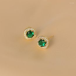 Stud Earrings Simple Round Green Zircon Small For Women Couples Trendy Elegant Wedding Bride Jewelry Decorations Gifts Wholesale