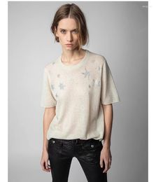 Women's Sweaters Silk Blends Sweater Star Rhinestone Breathable 3 Colors Short Sleeve Summer 2023 Female O-neck Knitwear Pullover Top