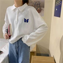 Deeptown Korean Style Embroidered White Polo T-shirts Women Harajuku Fashion Oversize Long Sleeve Top Preppy Style Casual Tee