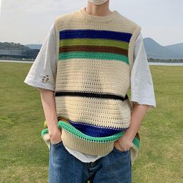 Men's Vests Summer O-neck Color Contrast Knitted Pullovers Couple Retro Loose Causal Hollow Sleeveless Sweaters Men Top Male Clothes