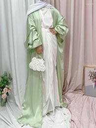 Ethnic Clothing Rose Satin Abaya Kimono Muslim Fashion Hijab Dress Bubble Sleeve Open Abayas For Women Dubai Turkey Modest Islam Clothes