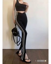 Women's Pants Black High Waisted Tight Flared Split Contrast Colour Striped Floor Mop Fitting Medium Strecth