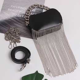 Waist Bags Luxury Long Metal Chain Tassel Women Fanny Packs Oval Black PU Leather Belt Phone Crossbody Shoulder Bag 230906