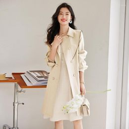 Women's Trench Coats 2023 Temerament Autumn Winter Women Vintage Long Coat Double Breasted Windbreaker Elegant Slim Solid H60