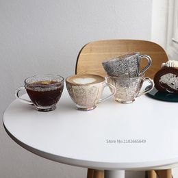 Cups Saucers 4 Colours Nordic Vintage Relief Flower Pattern Coffee Mugs Luxury Water Cafe Tea Milk Condensed Glass Cup Saucer Suit