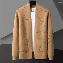 Men's Sweaters Fashion Colour Contrast Cardigan Sweater Men Fall Vintage Printing Korean Autumn Winter Coat Knit Khaki