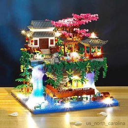 Blocks World Architecture Temple Pavilion House Waterfall LED Light Diamond Blocks Building Toy R230907