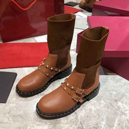 Luxusmarke V Damen Halbknie-Martin-Ritter-Stiefel zum Hineinschlüpfen mit Nieten und Schnee-Winterschuhen, Größe 35–41