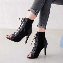 Lace-Up Sandals Heels 9CM Womens Shoes Summer Trend Black Sexy Peep Toe Boots Fashion Cloth Stilettos Jazz Dance Female 230807
