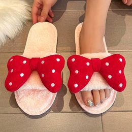 Slippers Fashion Bow Decor Design Women Home Slippers Solid Colour 2023 Open Toe Indoor Winter Flat Non-slip Leisure Interior Female Shoe X0905