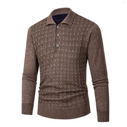 Suéter masculino outono vintage harajuku tricotado suéter de lã top cor sólida estampa pulôver botão polo camisa casual túnica de gola virada para baixo