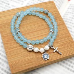 Strand Natural Light Blue Chalcedony Chinese Style Alloy Cross Men Women 6mm Bracelet Our Lady Religious Memorial Couple Holiday Gift