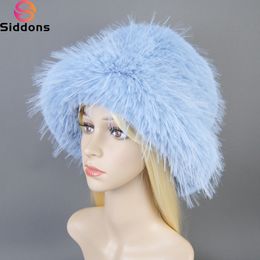 Wide Brim Hats Bucket Winter Women False Raccoon Fur Fluffy Warm Fashion Stylish Hat Luxury Ladies Artificial 230907