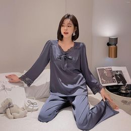 Women's Sleepwear Women Faux Silk 2PCS Pyjamas Set Spring Autumn Lounge Pyjama Sweet Lace V-Neck Top&Pant Home Wear Bow Trim Nightwear