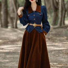 Two Piece Dress Casual Sets Women's Fall Outfits 2023 Matching With Velvet Skirt And Denim Coats Cropped Top Suit For Women