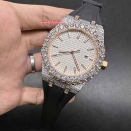 The Latest Men's Iced Diamond Watch 2Tone Rose Gold Case White Dial Watch 8215 Automatic Movement Watch Shiny Good Black Rubber Strap