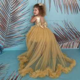 Girl Dresses Gold Flower Dress With Detachable Train Sequined Top O Neck Princess Prom Christmas Birthday Gown Kid Size 2023