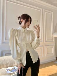 Women's Blouses WDMSNA Shirt Women Autumn Casual Puff Sleeves Lapel Woman Top Temperament Split Design Slim Waist Tie Up Blusa Feminina