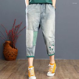 Women's Jeans Vintage Floral Embroidery Denim Pant Women Baggy Capris Casual Loose High Waist Harem Calf Length Trousers