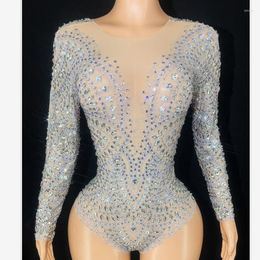 Sahne Giyim 2023 Rhinestones Leotard Uzun Kolu Kadınlar İçin Seksi Mesh Streç Dans Kostüm Performansı PO Çekim Elbise