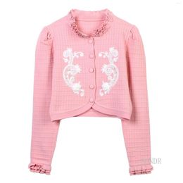 Women's Knits Elegant Cropped Cardigan Women Short Pink Sweater Jacktet 2023 Fall Winter Tops Flower Lace Long Sleeve Knitted Coat