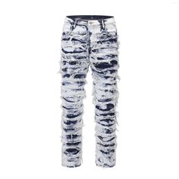 Men's Jeans Retro American Snow Washed Ripped Men Vintage Streetwear Y2k Destroyed Hip-hop Long Pleated Denim Jean Pants For