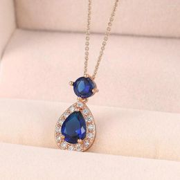 Pendant Necklaces Wedding Necklace For Women Luxury Shining Blue Waterdrop Zircon Rose Gold Color Party Fashion Jewelry DZN005