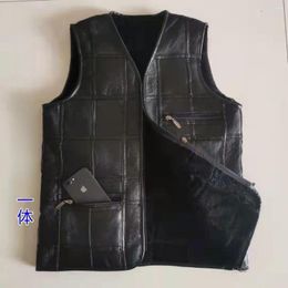 Men's Vests 2023 Autumn Winter Genuine One Piece Leather Vest Male Thick Warm Sheepskin Men V-neck Wool Waistcoat D417