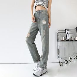 Women's Jeans Ripped Autumn Straight Street Loose High Waist Retro Smoke Grey Mopping Trousers