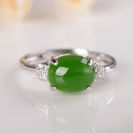 Cluster Rings Vintage Style 925 Silver Plated Natural Hetian Jasper Green Chalcedony Open Ring Female Living