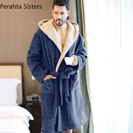 Men's Robes Coral Cashmere Winter Bathrobe Men Blue Comfort Flannel Hooded Bath Robe Wiht String Male Thick Warm Dressing Gow240Y