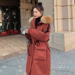 Women's Trench Coats 2023 Autumn Winter Women Warm Faux Fur Collar Parkas Female Hooded Pockets Cotton Padded Thick Coat Lady Vintage