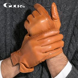 Five Fingers Gloves Gours Winter Men's Genuine Leather Gloves Brand Touch Screen Gloves Fashion Warm Black Gloves Goatskin Mittens GSM012 230906