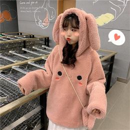 Women's Hoodies Loose Korean Style Autumn And Winter Ear Pullover Sweatshirt Imitation Lamb Wool Fleece Thickened Cute Women