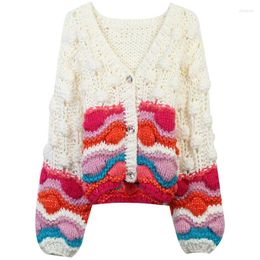 Women's Knits Jastie Heavy Handmade Crochet Women Sweater 2023 Autumn V-neck Contrast Colour Cute Soft Boho Knitted Cardigan Thick Jumpers