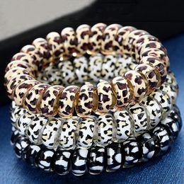 Leopard Hair Coils Elastic Hair Bands Plastic Spiral Hair Ties Women Girls Headwear Ponytail Holder Telephone Cable Hair Bobbles Plastic Hair Accessories