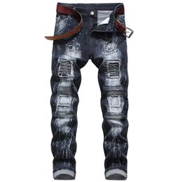 Men's New Fashion Elastic Personality Motorcycle Style Patchwork Denim Trousers High quality ripped jeans for men stretch rip286Y