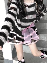 Women's Sweaters 90s Women Y2K Emo Striped Cropped Sweater Grunge Gothic Punk Tops Hollow Out Female Dark Academia Goth Aesthetic Pullover