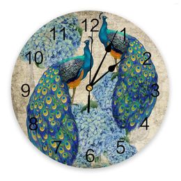 Wall Clocks Peacock Hydrangea Retro WatercolorWall Clock Home Decor Bedroom Silent Digital Modern Design