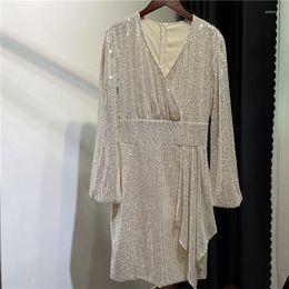 Casual Dresses European Summer Temperament High-end V Neck Heavy Sequined Evening Mini Women Fashion Streetwear 2023