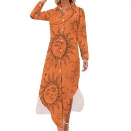 Casual Dresses Vintage Sun Moon Stars Dress Orange Magic Celestial Aesthetic V Neck Kawaii Chiffon Long Sleeve Clothing