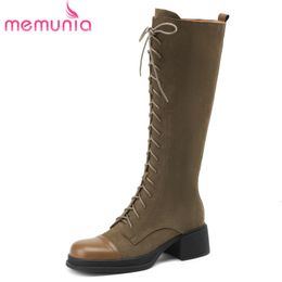 Boots MEMUNIA Cow Suede Leather Zipper Platform Narrow Band Ladies Autumn Winter Square Med Heels Knee High 230907