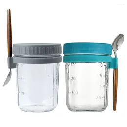 Storage Bottles 2 Sets Glass Containers Oatmeal Jar Outdoor Breakfast Cup Jars Airtight Lids Anti-leak Porridge