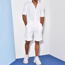 Men's Tracksuits Summer Short Sleeve Shorts Suit Cotton Thin Lapel Loose Solid Set Casual Office Sports Tops And Pocket Outfits