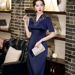 Ethnic Clothing Yourqipao Wedding Mother Of The Bride Groom Cheongsam Dresses Chinese Women's Bridal Party Dress Navy Blue Satin Plus Size